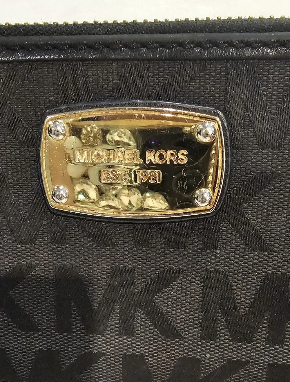 Michael Kors Black MK Logo Zip Wallet with Gold Plaque EUC